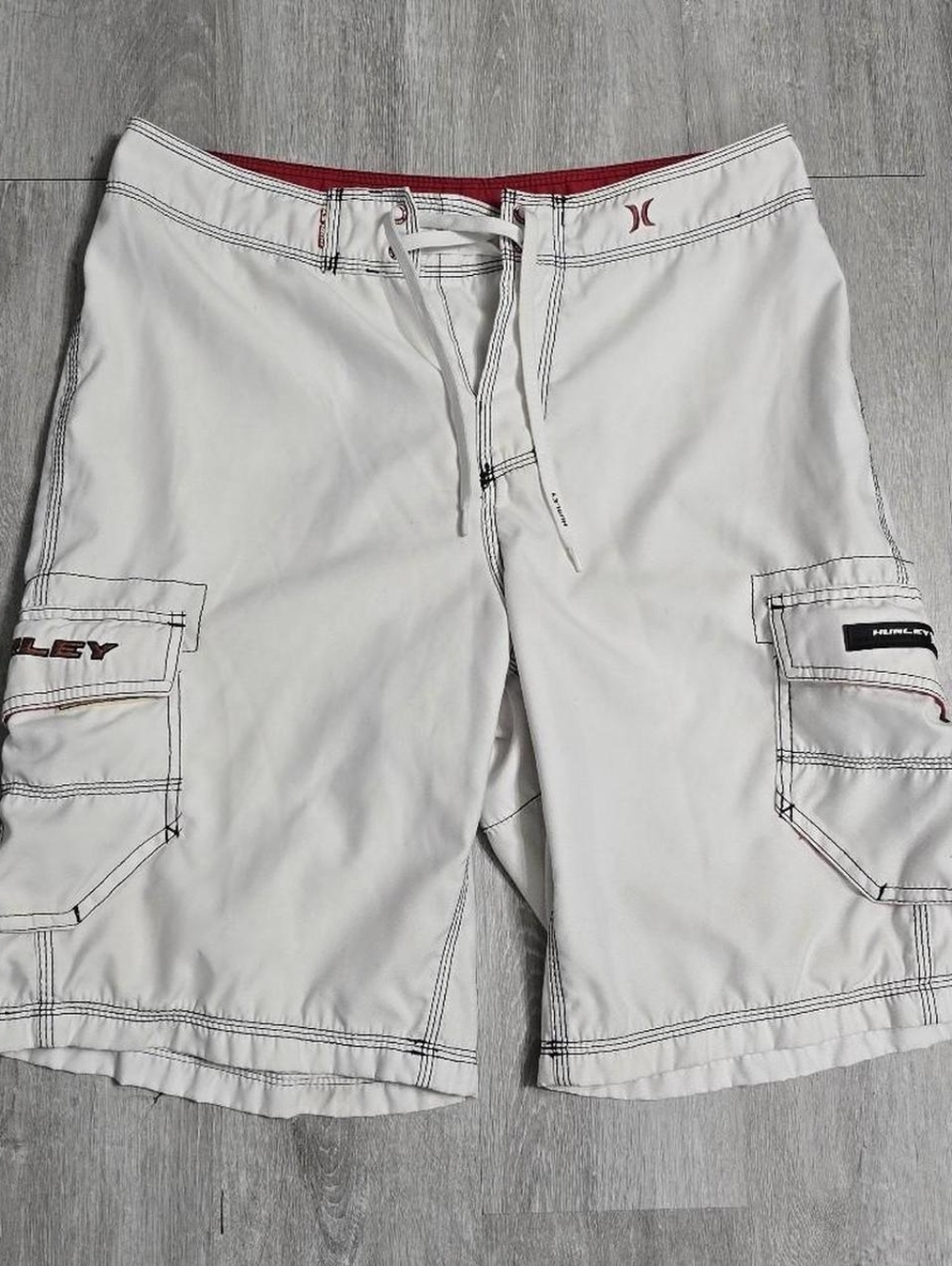 Y2K Hurley White Cargo Swimming Trunks Shorts Medium
